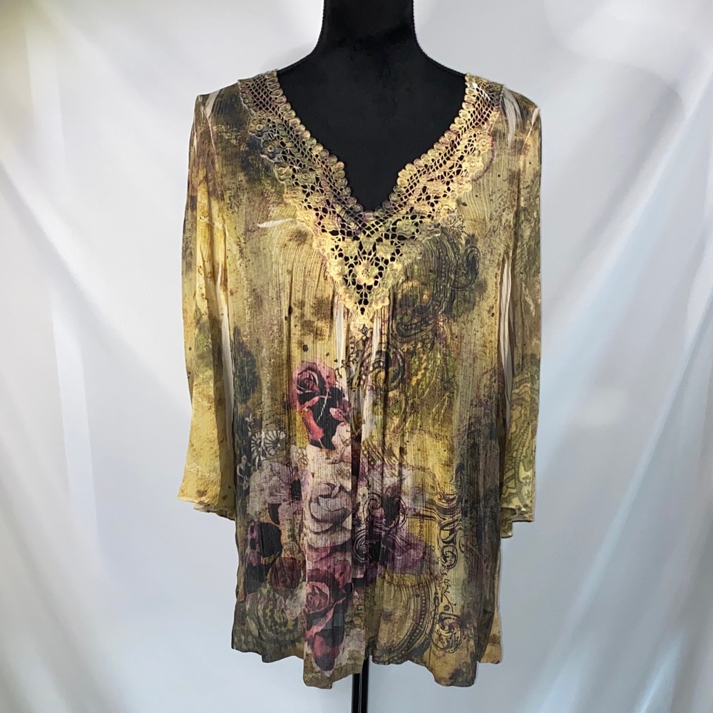 Mushka By Sienna Rose Womens L Large Blouse Yellow Floral Vintage V-Neck Tunic